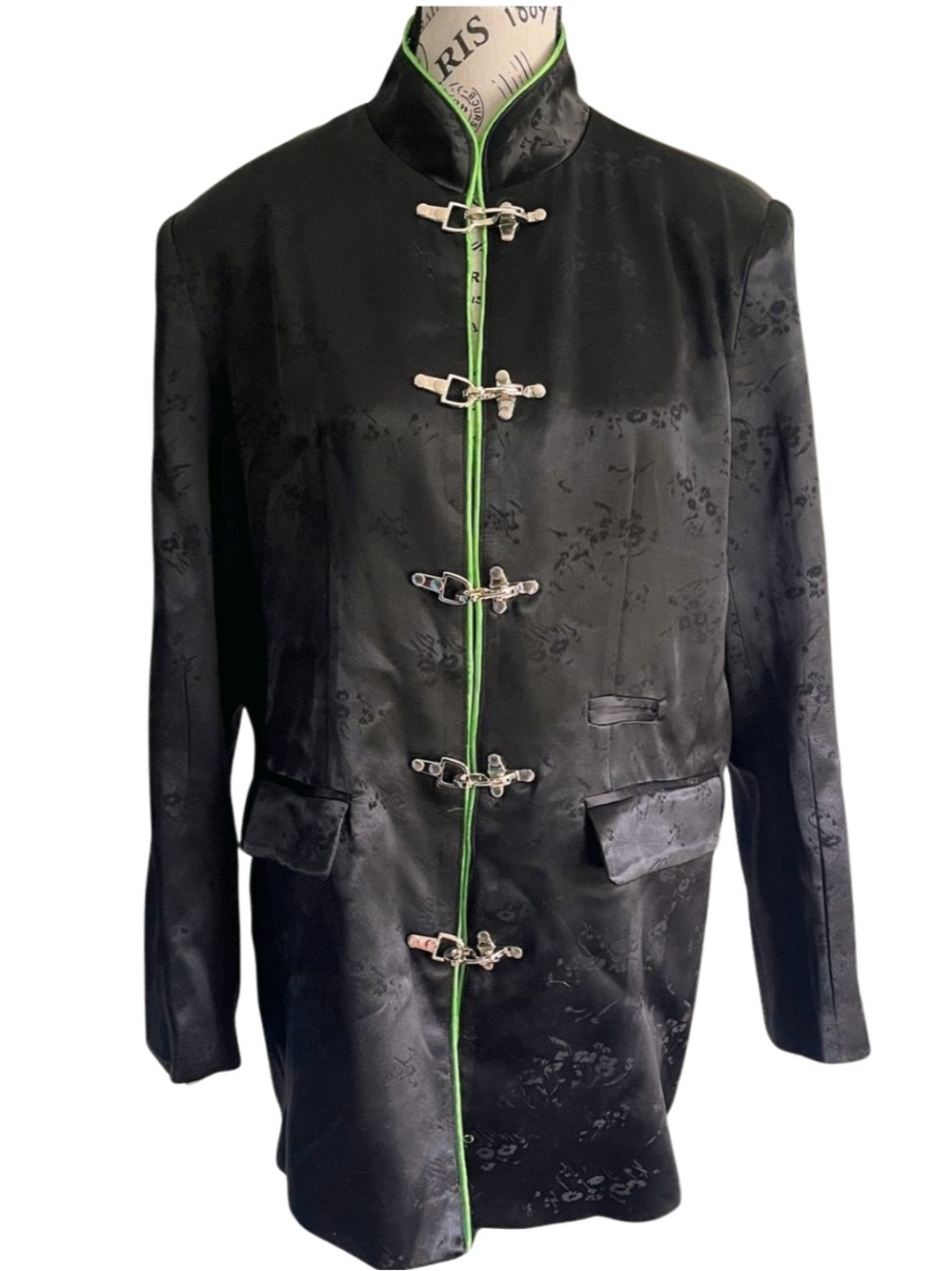 Black Green Satin Mandarin Collar Jacket Military Napoleon Asian Y2K Goth
